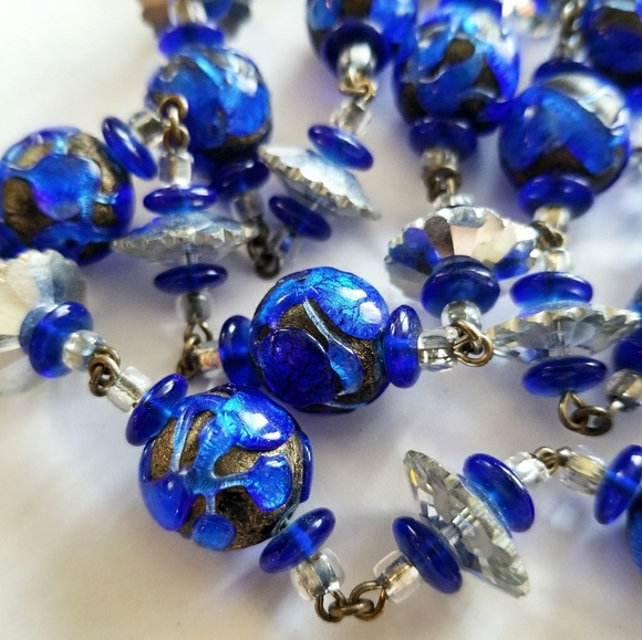 Jewelry - Relisted - long Chunky Art Glass necklace blue silver flapper